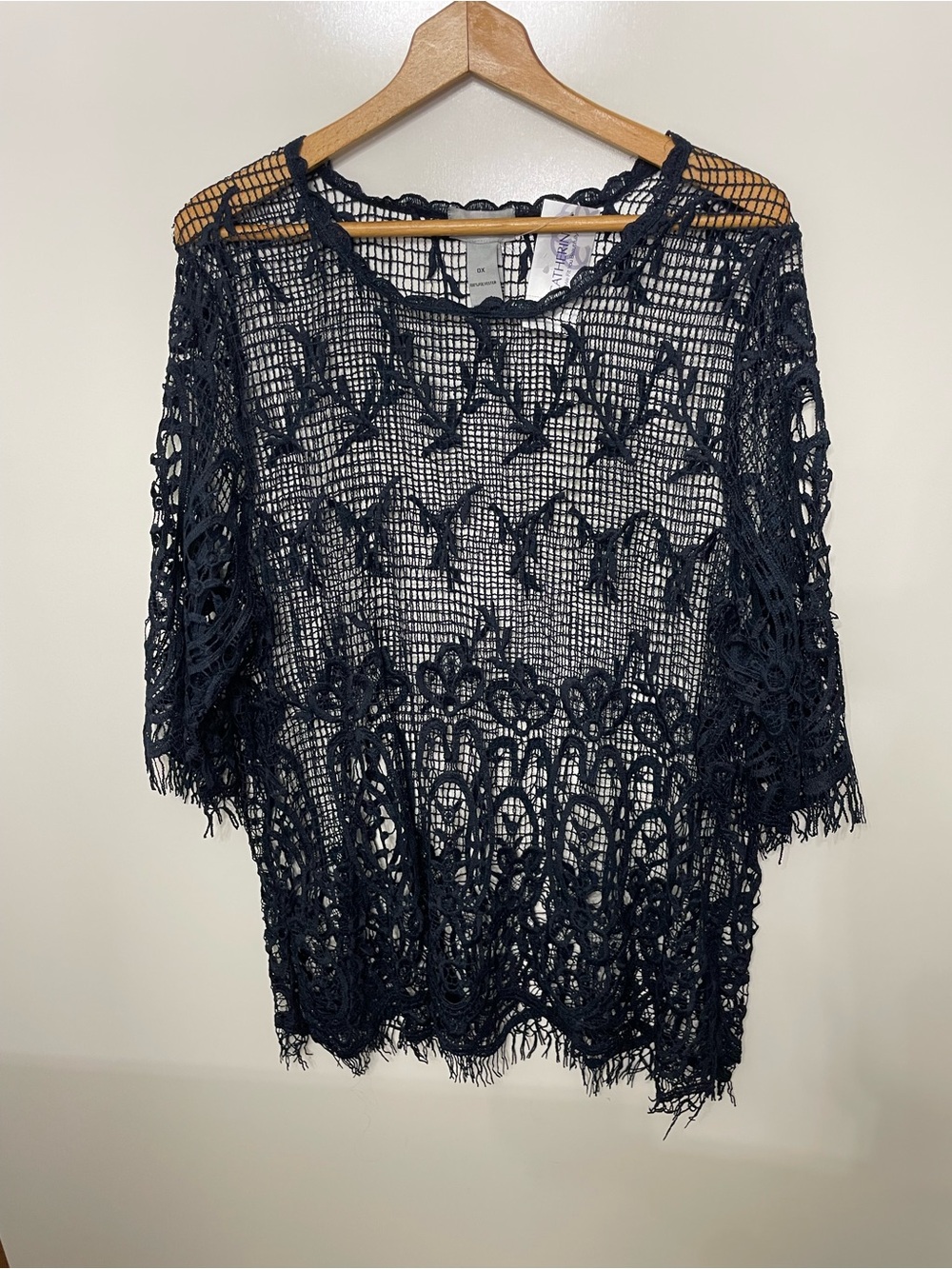 Catherines Sheer Navy Crochet Lace Swim Cover-Up Layer Top Womens OX